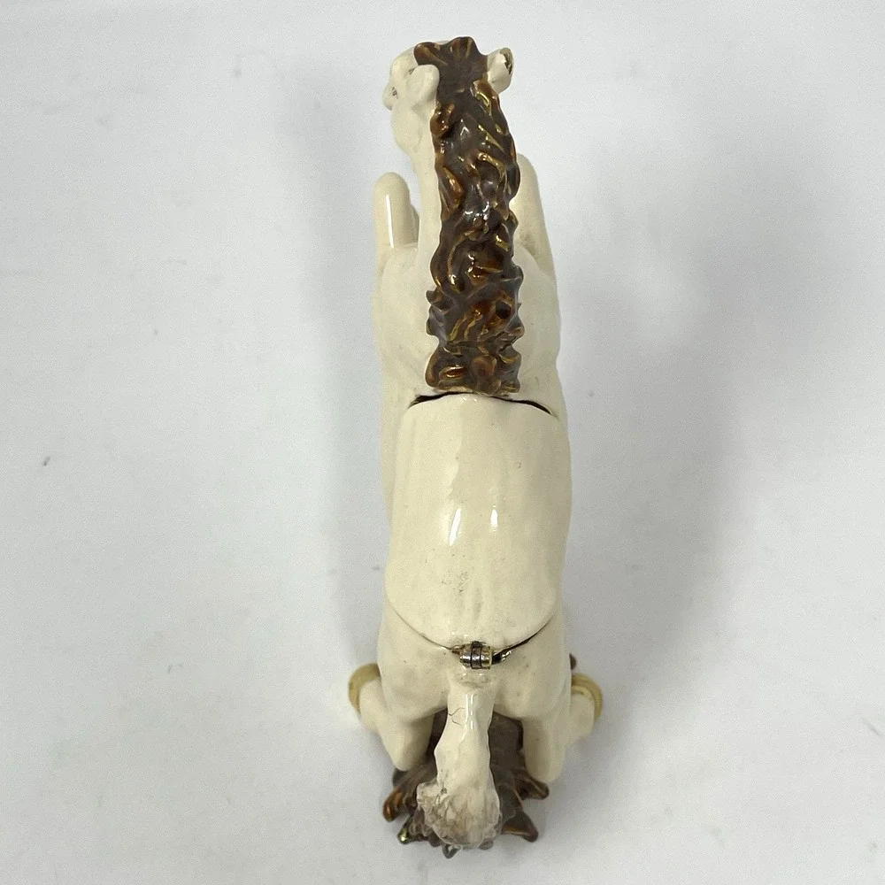 Vintage Enamel Rearing Horse Trinket Box‎ White Stallion Jeweled Eye - AS IS